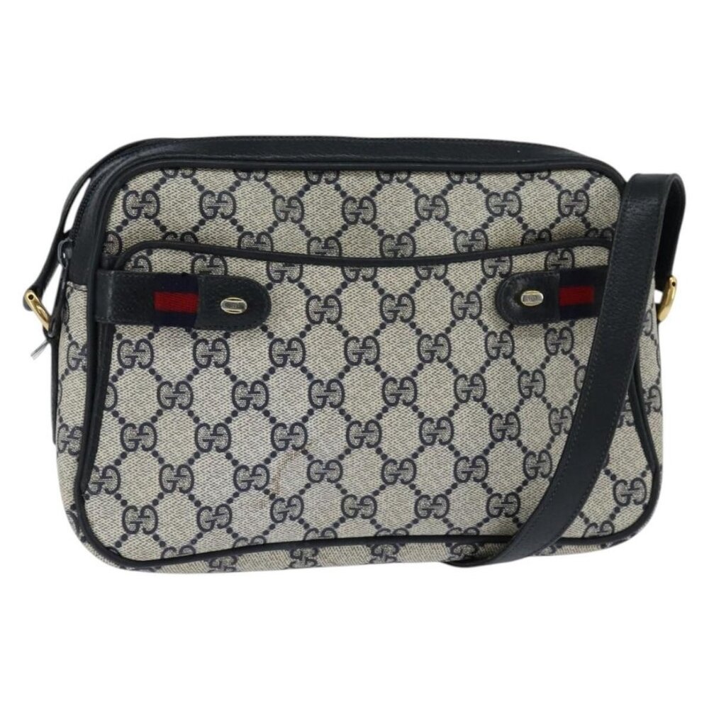 Authentic GUCCI GG Supreme Sherry Line Shoulder Bag PVC Navy Gold 904 02 049